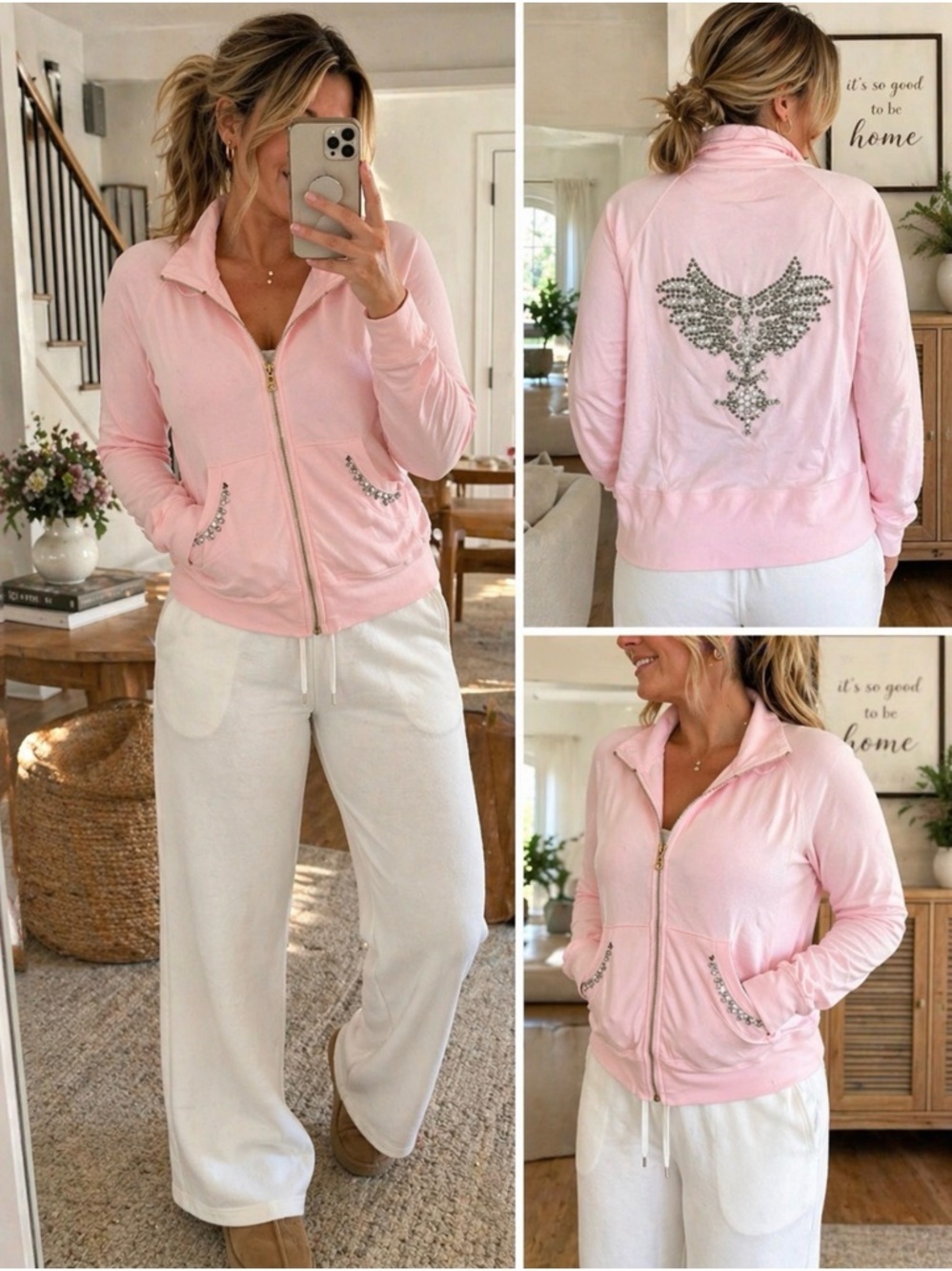 Boston Proper Light Pink Embellished Sweatshirt Jacket